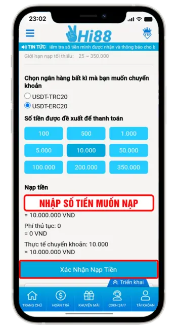 Bước 3: Chọn địa chỉ ví bạn muốn → Nhập số tiền nạp → chọn " XÁC NHẬN NẠP TIỀN".